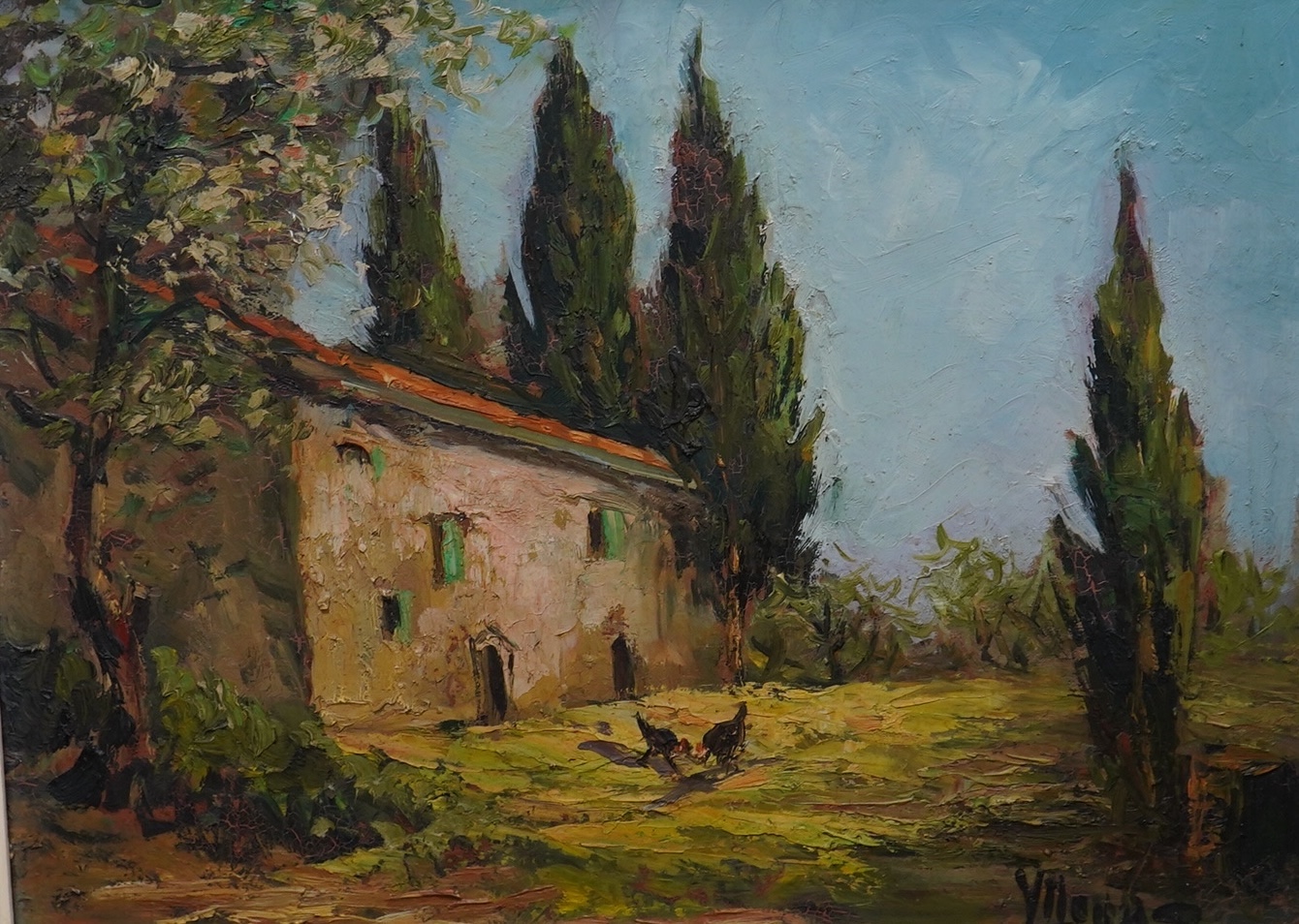 Continental School, impasto oil on board, Rural scene with farmhouse, indistinctly signed lower right, 28 x 38cm. Condition - fair, some cracking to the paint